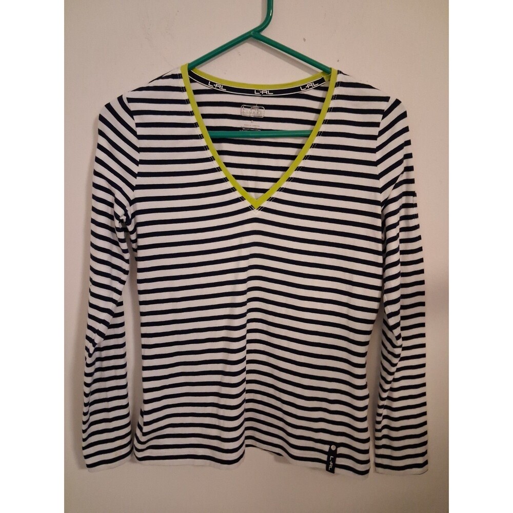 Lauren Ralph Lauren V Neck Striped Top S Navy White Longsleeve Nautical Coastal